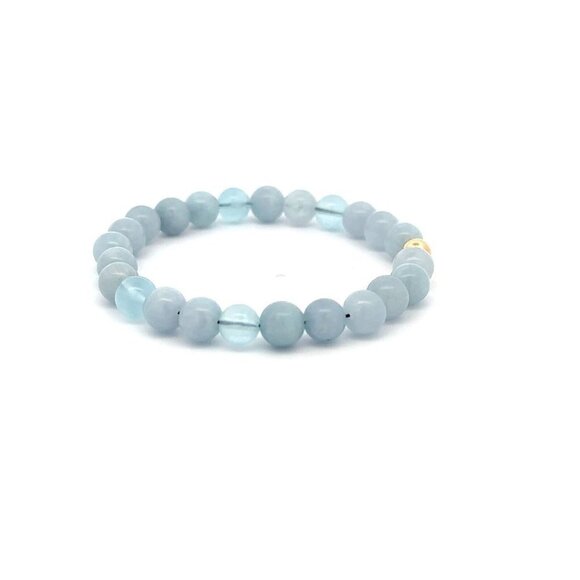 Natural Aquamarine 6mm Stretchable Bracelet 18k Gold Bead Charm - Picture 3 of 5
